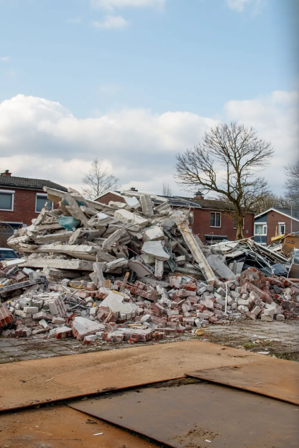 Pile of brick and concrete rubble from a demolished building